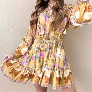 Boho Autumn Mustard Yellow Floral Dress